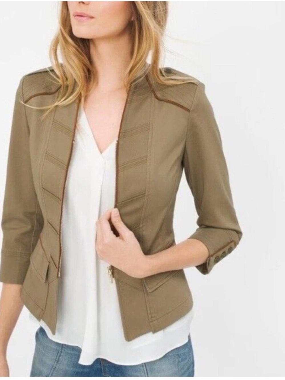 WHBM Military Inspired Jacket Zip Front Quarter Sleeves Greenish Tan‎ Size 6